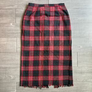 Vintage 80s Holiday Plaid Midi Blanket Skirt Fringe Hem Wool Blend Size 10